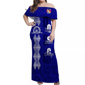 <span class=keywords><strong>Robe</strong></span> maxi à épaules dénudées Queen Salote College avec motif géométrique et motif de crabe, bleu et blanc, tenue d'<span class=keywords><strong>esprit</strong></span> universitaire - Product Image 1