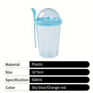 Disposable Fruit Salad <b>Cup</b> Clear <b>Plastic</b> Portable 500ml Milk Shaker <b>Cup</b> with Spoon - Product Image 4