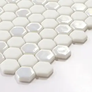Sunwings Recycled Glass Mosaic Tile | Stock In US | White Hexagon Irridiscent Mosaics Wall And Floor Tile