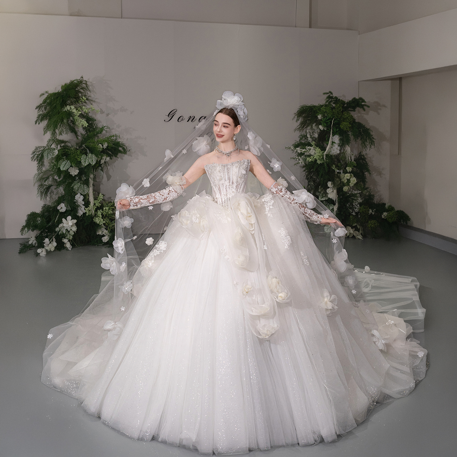 sachin and babi light blue dress Floral Lace Ethereal Tulle Nude Satin Lining Wedding Gown