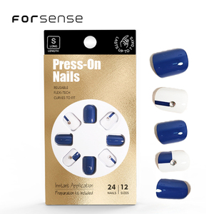 Faux ongles <span class=keywords><strong>bleu</strong></span> foncé de luxe en gros Fournisseurs de faux ongles à presser au design personnalisé simple et élégant Pointes d'ongles courtes carrées blanc lait - Product Image 1