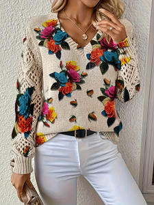 <span class=keywords><strong>Pull</strong></span> imprimé best-seller, élégant, bohème, à fleurs, col en V, manches longues, hauts décontractés amples et tendance pour femmes - Product Image 2