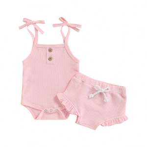 Ensemble côtelé en coton pour bébé, 100 % coton, barboteuse à manches courtes pour tout-petit, ensembles de vêtements d'été pour bébé fille - Product Image 5
