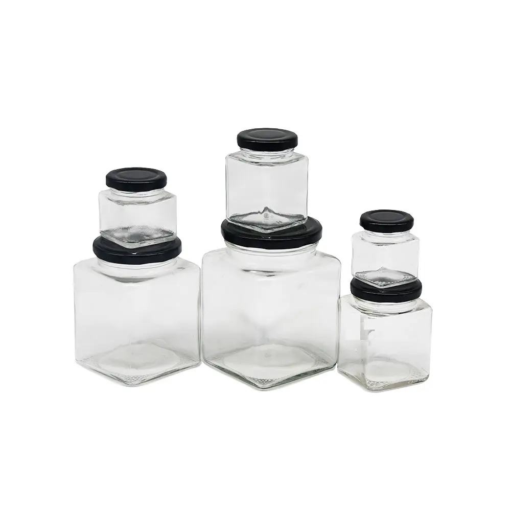 Xuzhou 600ml honey bottle glass four sided honey pot aluminum lid food packaging container square glass honey pot