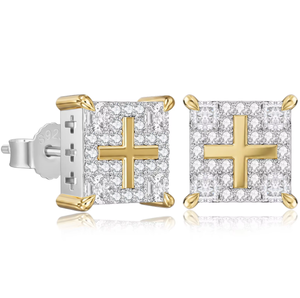 Boucles d'oreilles clous carrées en argent sterling 925 plaqué or 18 carats avec micro-pavé de diamants, unisexe, minimalistes, pour tous les jours - Product Image 1