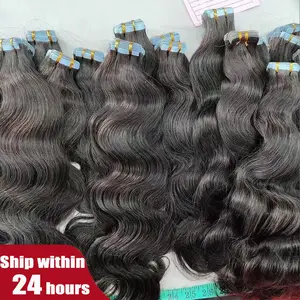 Venta al por mayor de cinta invisible de doble estirado indio virgen en extensiones, 100G cinta de cabello crudo en extensiones de cabello 100 cabello humano