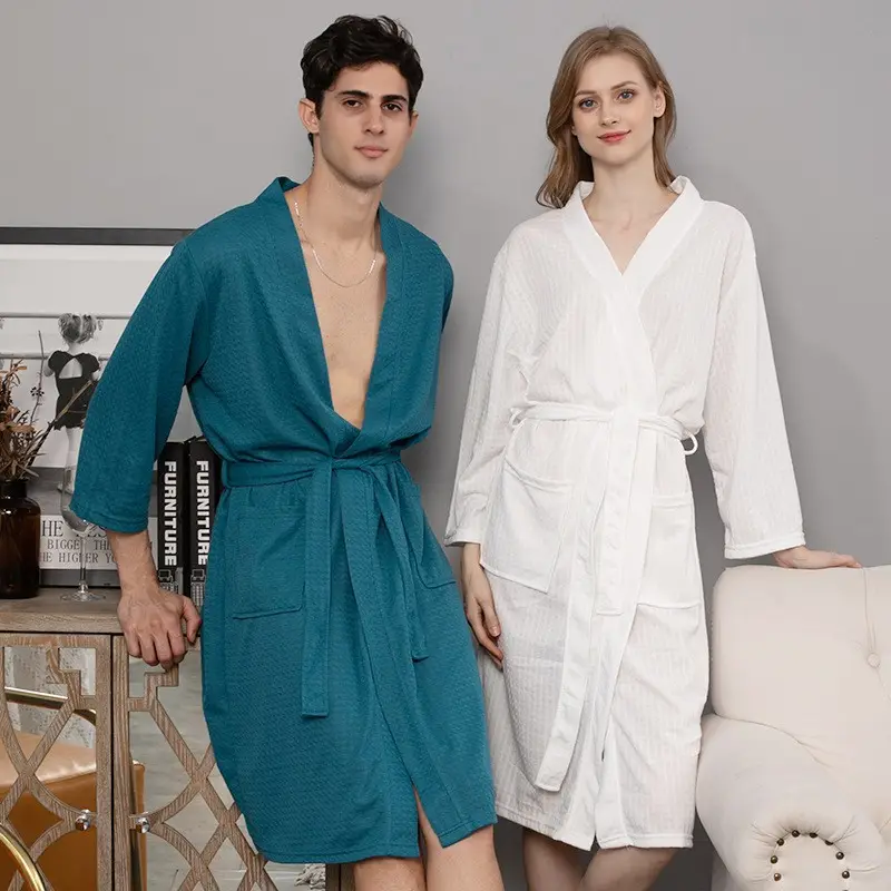 Custom Logo Waffle Women Men Long Sleeve Unisex Knit Luxury Bathrobe SPA Belted Kimono Bath Robe For Woman