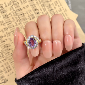 Anillo vintage de plata 925 chapado en oro, cepillado, bicolor, con piedra de cristal natural de corte ovalado de 7*9 mm, joyería llamativa para mujer. - Product Image 4