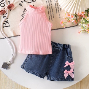 Top estivo a costine rosa e bianco con laccetti da ragazza + <span class=keywords><strong>pantaloncini</strong></span> in denim con fiocco dolce in cotone per bambini - Product Image 5