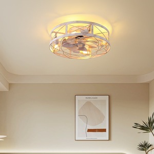 Ventilateur de plafond silencieux à profil bas avec moteur CC à 7 pales, style design industriel rétro, télécommande à 6 vitesses, lumière LED, fer, <30 dB, hôtel - Product Image 3