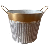 Pot de fleurs conique vintage en fer ondulé blanc délavé avec étiquette GARDEN en relief et double poignée pour jardin et balcon