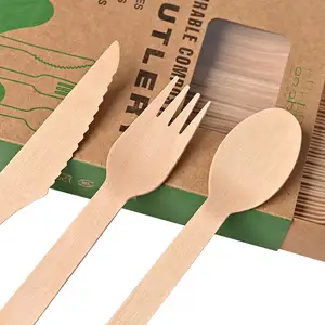 Biodegradable लकड़ी कटलरी यात्रा बैग के साथ सेट बर्तन थोक डिस्पोजेबल सन्टी लकड़ी चम्मच चाकू कांटा निर्माताओं