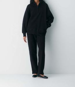 Nuova Tuta Sportiva <span class=keywords><strong>Nera</strong></span> alla Moda OEM per <span class=keywords><strong>Donna</strong></span> in Cotone, Felpe <span class=keywords><strong>con</strong></span> Cappuccio Unisex <span class=keywords><strong>con</strong></span> Mezza Zip - Product Image 1