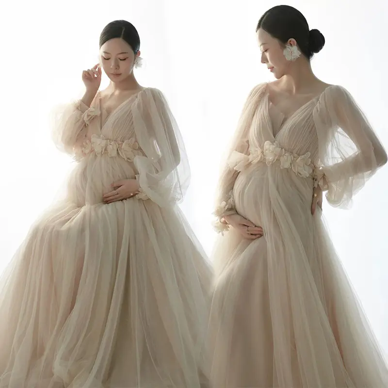 Schwangerschaft Tüll Kleid Baby Duschen Champagner Kleid Schöne Mesh Guipure V-Ausschnitt Jubiläum Umstands kleid