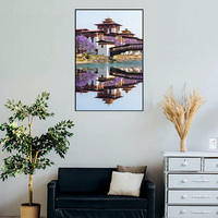 Impression de paysage contemporain du Bhoutan, pont couvert de Dzong, arbre de Jacaranda violet, toile imprimée numérique 6 couleurs, sans cadre, décoration intérieure