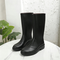 Bottes de pluie imperméables à enfiler pour femmes, en cuir véritable noir, hauteur genou, plateforme en caoutchouc antidérapante, toutes saisons