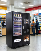 Distributeur automatique 2-en-1 sur pied pour snacks, boissons et café, avec écran tactile et service en libre-service
