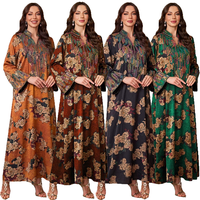 Robe longue musulmane pour adultes, style vintage, imprimé floral, col montant, manches évasées brodées, en polyester respirant, type Abaya Kaftan
