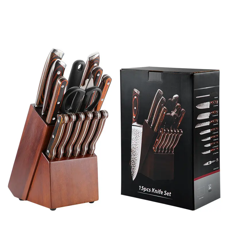 Hot Sell Professional Chef Knife Set 15PCS Stainless Steel Kitchen Knife Set With Acacia Wooden Block