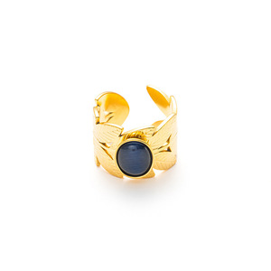 Anello Vintage in Acciaio Inossidabile Placcato Oro 18K con Motivo a Foglia e Pietra Ovale Colorata, Anello Aperto Regolabile Estetico per Donne e Uomini - Product Image 5