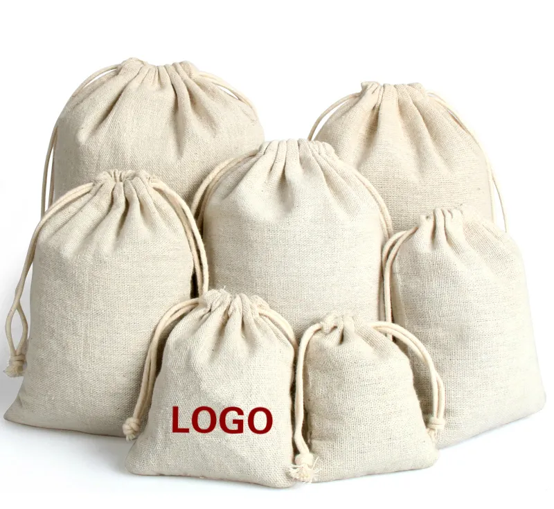 Logo personalizzato personalizzato riciclare la borsa di lino borse con coulisse in mussola di cotone borsa per gioielli in lino con polvere di scarpe