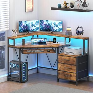 Bureau d'angle <span class=keywords><strong>pour</strong></span> jeux avec prises électriques, étagère <span class=keywords><strong>pour</strong></span> <span class=keywords><strong>imprimante</strong></span>, support d'écran triangulaire <span class=keywords><strong>pour</strong></span> petit espace, <span class=keywords><strong>table</strong></span> d'<span class=keywords><strong>ordinateur</strong></span> marron - Product Image 3