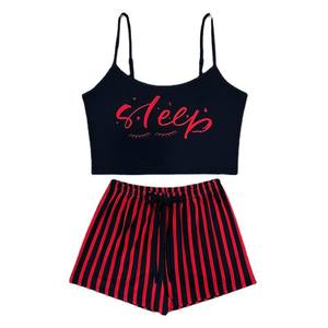 MHK85 Summer Fashion Women's 2-Piece Sleepwear Set Strap Tank Tops <b>Shorts</b> Printed Striped Pattern Front Nightwear for Europe - Product Image 6