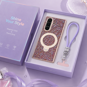 Estuche Magnético para Teléfono con Diseño de Lentejuelas Brillantes y Correa Morada, Set de Regalo, Resplandece con Estilo - Product Image 1