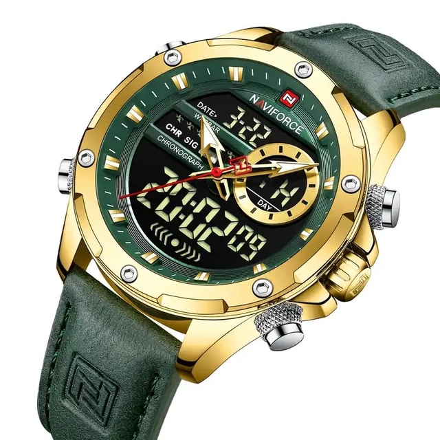 Naviforce NF 9208 Good Brands Golden Man Digital Watch Exclusive Genuine Leather Strap Double Display Character Leisure Watch