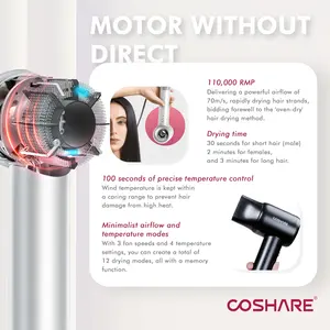 COSHARE Procure por Revendedor DY Salões Air 110000rpm BLDC Secador de Cabelo Logotipo Super 800 milhões negativos Envoltórios Sonic Completo