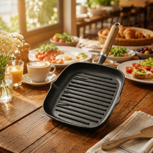Fabrika Toptan Ev Tipi Mutfak Kare Mini Tava Dökme Demir Yapışmaz Barbekü Izgara Tavası Ahşap Saplı - Product Image 3