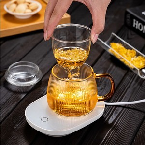 Tasse à thé en verre à rayures verticales avec filtre et couvercle à visser, idéale pour le bureau, ensemble de thé de l'après-midi - Product Image 4
