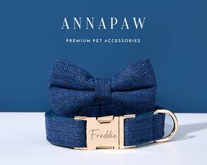 Personalized Velvet Solid Puppy Collar with Free Harness Leash Set & <b>Customized</b> <b>Dog</b> <b>Tag</b> Bowknot Decoration Navy - Product Image 2