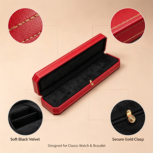 Luxury Octagonal <b>Red</b> PU Leather Watch Necklace <b>Gift</b> <b>Box</b> Custom Logo Long Jewelry Storage Case With Gold Stitching Snap Clasp - Product Image 1