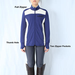 Ropa Ecuestre Personalizada con Dos Bolsillos Laterales con Cremallera, Blusa de Equitación de Manga Larga con Contraste Azul y Blanco y Orificios para los Pulgares - Product Image 1
