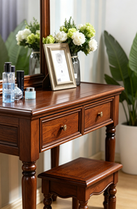 Classic Curved Frame Solid Wood Dressing Table Set 3 <b>Drawers</b> <b>Walnut</b> Bedroom Makeup Vanity Desk With Stool - Product Image 5