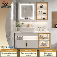 Meuble-lavabo flottant blanc étanche IPX4 à tiroir unique, nouveau modèle, avec porte en verre, éclairage LED et plateau en marbre, idéal pour hôtel