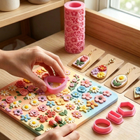 9 pièces Outils de texture en pâte polymère à motifs floraux (Fleur de cerisier, Marguerite, Tulipe, Hibiscus, Rose) et emporte-pièces géométriques en pâte polymère, outils pour gâteaux