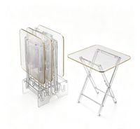Table basse pliable personnalisée en acrylique transparent avec bordure dorée, poignée intégrée et plateau de service