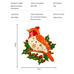Ornements de Noël en alliage de zinc en gros, décorations suspendues pour sapin de Noël en émail avec strass en forme d'oiseau Robin, cadeau de vacances - Product Image 2
