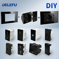 DELEFU - Interruptor de Pared Modular Negro DIY con Panel de Vidrio, Tomacorriente Schuko con 2 Salidas, 2 Puertos USB-C, Módulo de Interruptor de TV RJ45