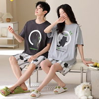 Pyjama d'été en coton respirant à taille élastique et manches courtes, motif dessin animé, grande taille, ensemble 2 pièces pour couple, vêtements de détente