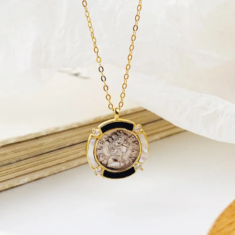 Engraved Necklace Retro Trend 925 Sterling Silver Antique Gold Coin Medal Necklace Engraved Coin Pendant Necklace
