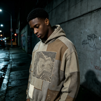 Sudadera con capucha de peso pesado con efecto desgastado por el sol, estampado de mapa topográfico, estilo vintage con costuras reparadas, tipo jersey urbano