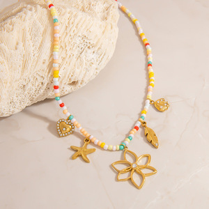 Collier bohème coloré en perles, pendentif fleur en acier inoxydable, style plage océanique, chaîne de clavicule, bijoux pour femmes - Product Image 3
