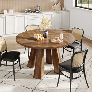 Table à manger ronde SENYU en noyer de 47 pouces avec 4 pieds inclinés robustes, base en bois géométrique pour 4 à 6 personnes. - Product Image 5