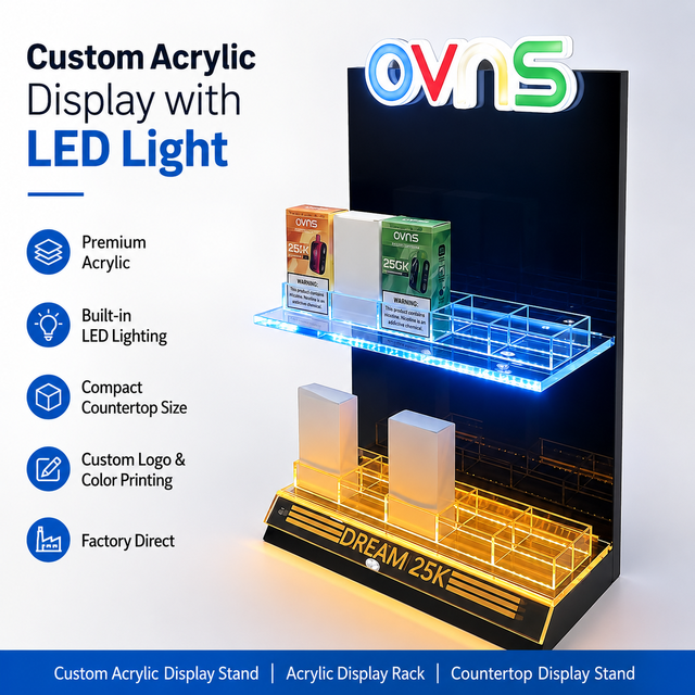 Customized Acrylic Display Stand Countertop Display Rack with LED Light Display Rack Smoke Shop Display Case