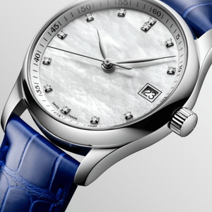 Reloj automático para mujer con esfera de nácar, marcadores de diamantes y correa de piel de cocodrilo azul - Product Image 3