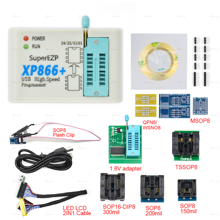 XP866 USB SPI Programmer Full Set + 15 Adapter Sop8/16 Support 24 25 93 95 EEPROM Flash Bios Minipro