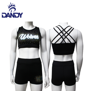 Vente en gros d'équipement de sport OEM pom-pom girl sublimé noir pour adultes ensembles complets jupes débardeurs et spandex à porter pour s'entraîner - Product Image 3